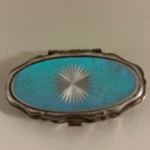 Vintage Starburst Pill Box Container Silver 2" Aqua Blue